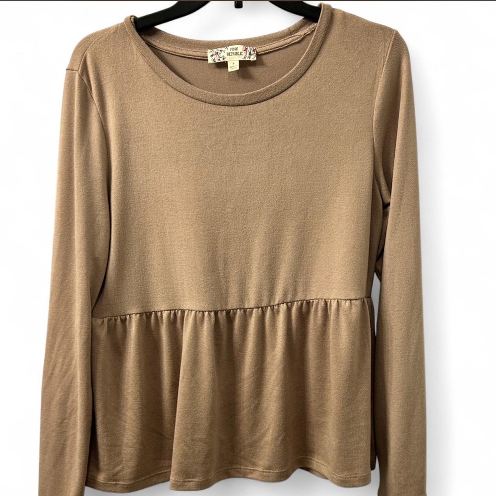 Pink Republic Soft brown Tan Peplum Long Sleeve Top